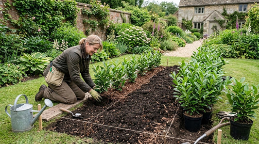 Gardener planting a young Laurel hedge in a UK garden with proper spacing and soil preparation
