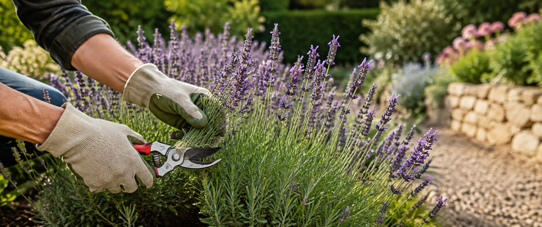 Gardener pruning lavender plants in a UK garden during summer