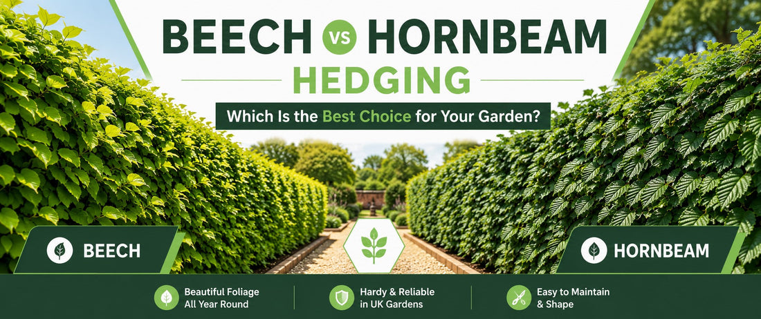 Side-by-side comparison of mature Beech and Hornbeam hedges in a traditional UK garden