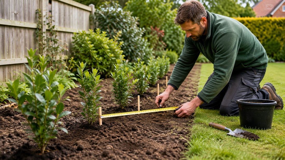 Gardener measuring spacing between newly planted hedge plants in a UK garden