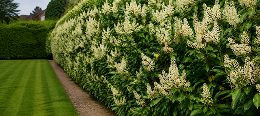 Healthy Laurel hedge with dense green foliage and white flowers