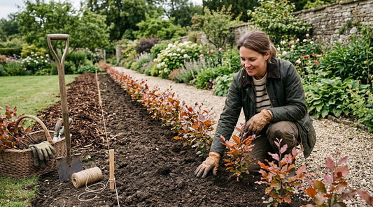Gardener planting a beech hedge in a UK garden to encourage healthy growth and long-term establishment