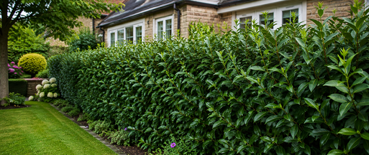 Portuguese Laurel hedge with damaged leaves in a UK garden