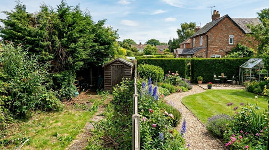 image showing a comparison between a poorly chosen overgrown hedge and a well-planned garden hedge in a UK garden