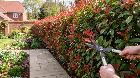 Photinia Red Robin hedge with green and red foliage in a UK garden