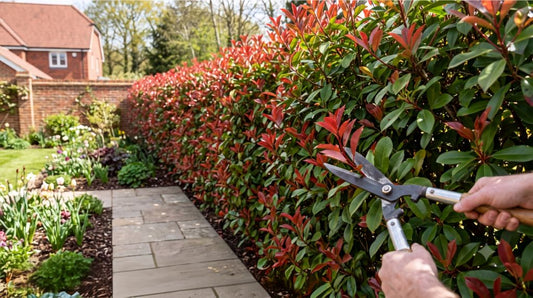 Photinia Red Robin hedge with green and red foliage in a UK garden