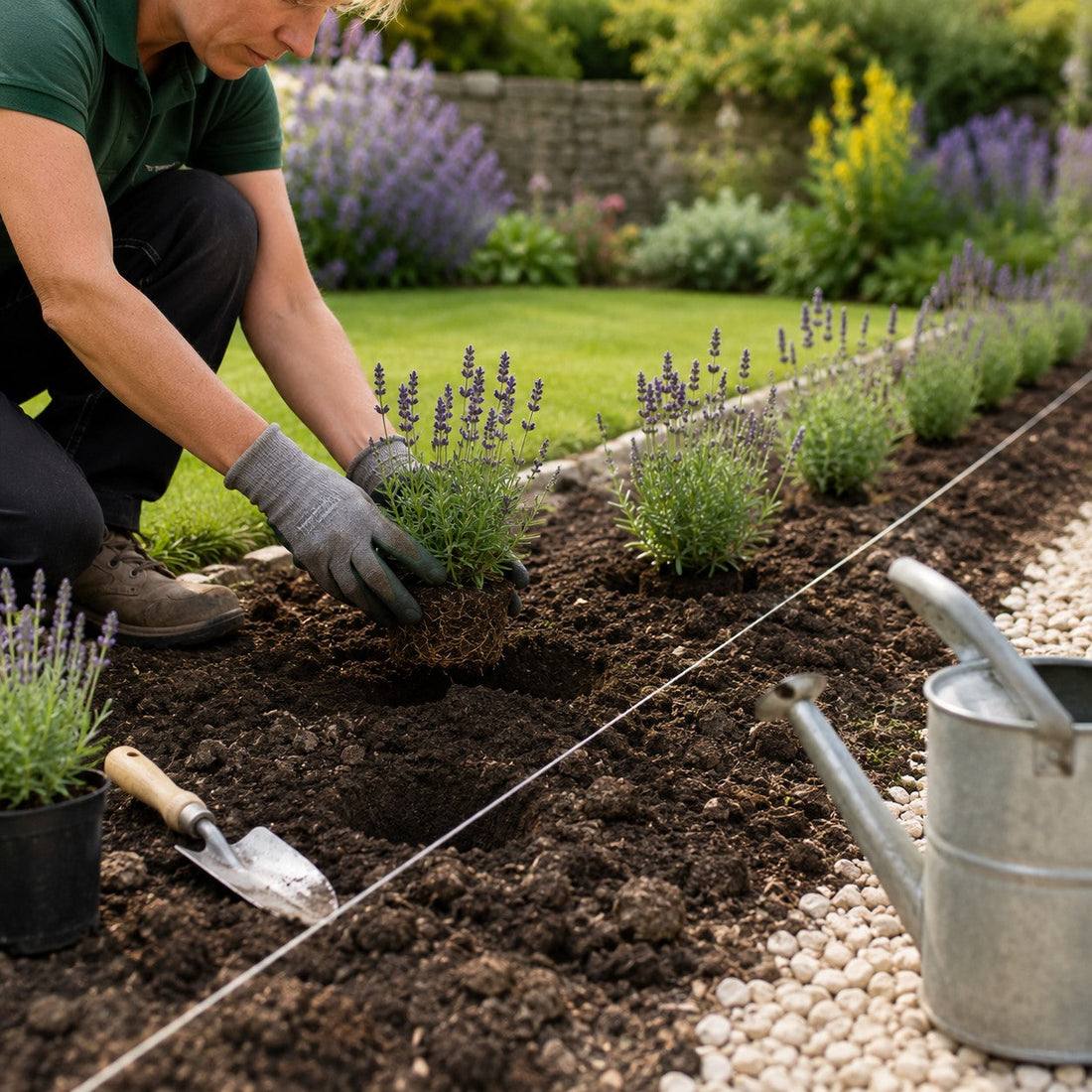 Gardener planting a lavender hedge in a sunny UK garden using correct plant spacing