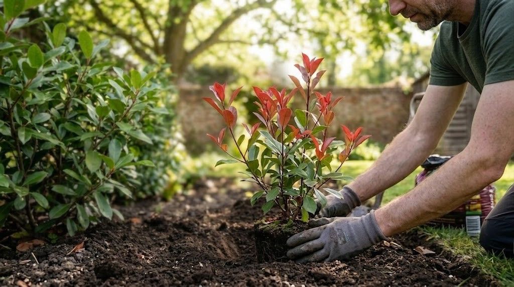Gardener planting a young Photinia Red Robin hedge in garden soil