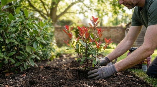 Gardener planting a young Photinia Red Robin hedge in garden soil