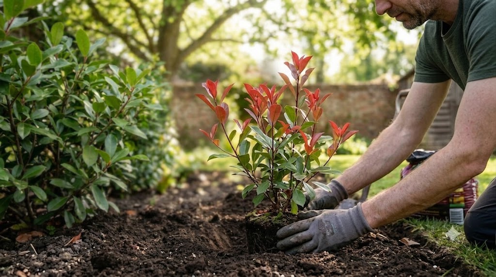 Gardener planting a young Photinia Red Robin hedge in garden soil