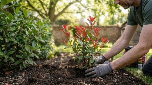 Gardener planting a young Photinia Red Robin hedge in garden soil