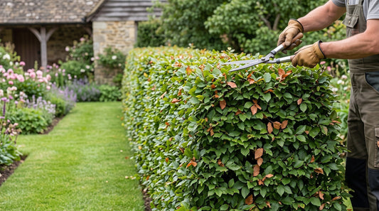 Gardener pruning a hornbeam hedge in a UK garden during seasonal maintenance