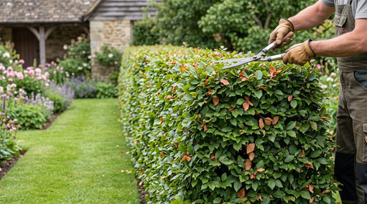 Gardener pruning a hornbeam hedge in a UK garden during seasonal maintenance