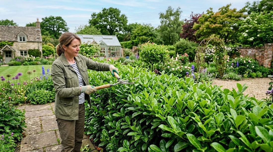 gardener trimming a laurel hedge in a UK garden