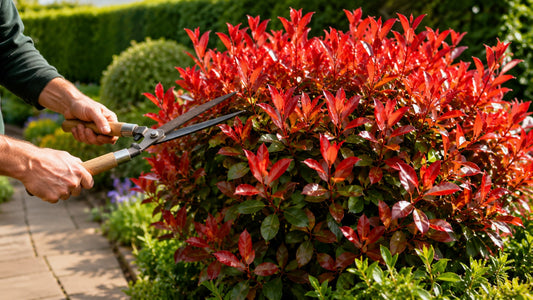 Gardener pruning a healthy Photinia Red Robin hedge in a UK garden during late spring